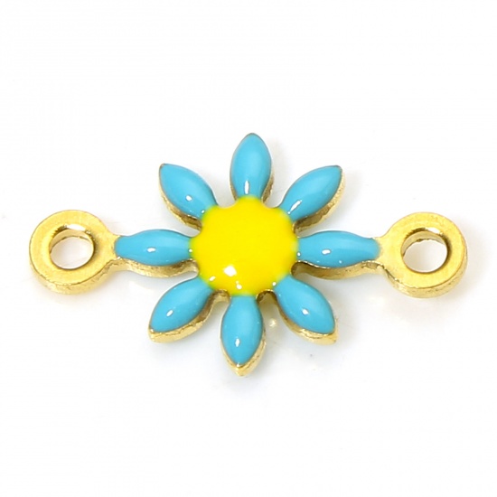 Picture of 10 PCs 304 Stainless Steel Connectors Charms Pendants 18K Gold Plated Green Blue Daisy Flower Double-sided Enamel 13mm x 7.5mm