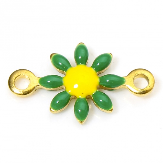 Picture of 10 PCs 304 Stainless Steel Connectors Charms Pendants 18K Gold Plated Green Daisy Flower Double-sided Enamel 13mm x 7.5mm