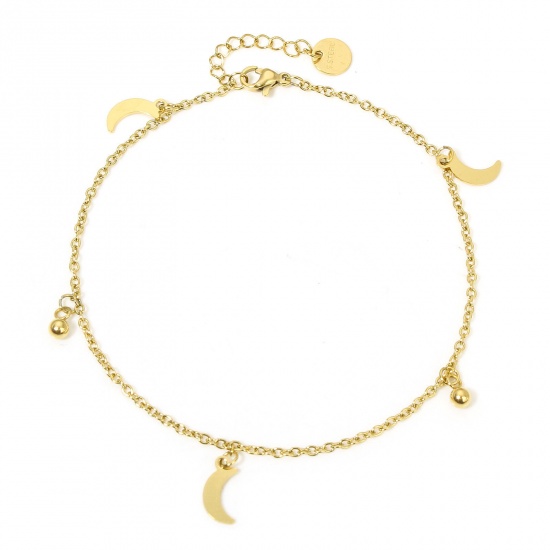 Imagen de 1 Unidad 304 Acero Inoxidable Cable Cadena Cruz Tobilleras Chapado en Oro Con Broche de Langosta y Extensor Cadena Luna Media 24cm longitud
