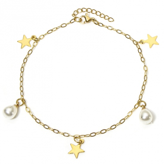 Picture of 1 Piece 304 Stainless Steel Link Cable Chain Anklet Gold Plated With Lobster Claw Clasp And Extender Chain Pentagram Star 23cm(9") long