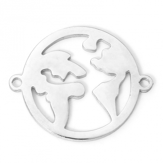 Immagine di 5 PCs 304 Stainless Steel Connectors Charms Pendants Silver Tone Round World Map Hollow 19mm x 15.5mm