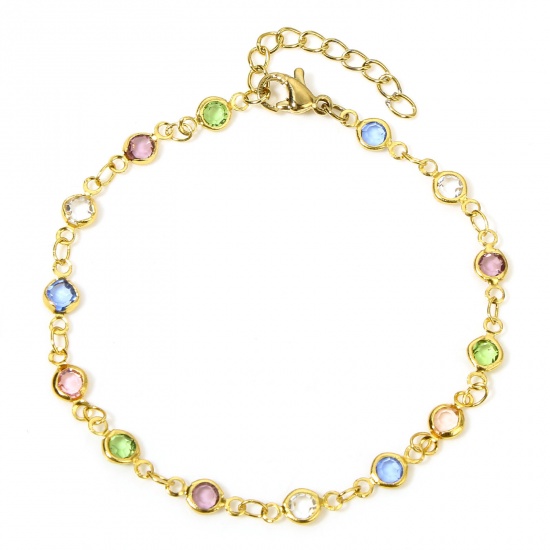 Picture of 1 Piece 304 Stainless Steel Handmade Link Chain Bracelets Gold Plated Multicolor Rhinestone 18cm(7 1/8") long
