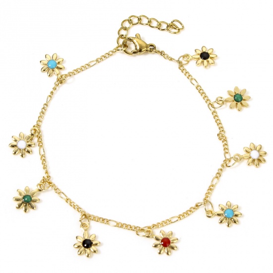 Picture of 1 Piece 304 Stainless Steel Curb Link Chain Bracelets Gold Plated Multicolor Daisy Flower Enamel 18cm(7 1/8") long