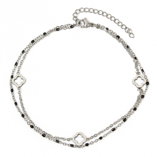 Picture of 1 Piece 304 Stainless Steel Double Layer Link Cable Chain Anklet Silver Tone With Lobster Claw Clasp And Extender Chain Flower 23.5cm(9 2/8") long
