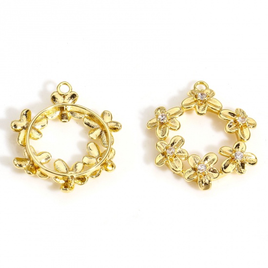 Immagine di 2 PCs Eco-friendly Brass Charms 18K Real Gold Plated Wreath Micro Pave Clear Cubic Zirconia 19mm x 17mm