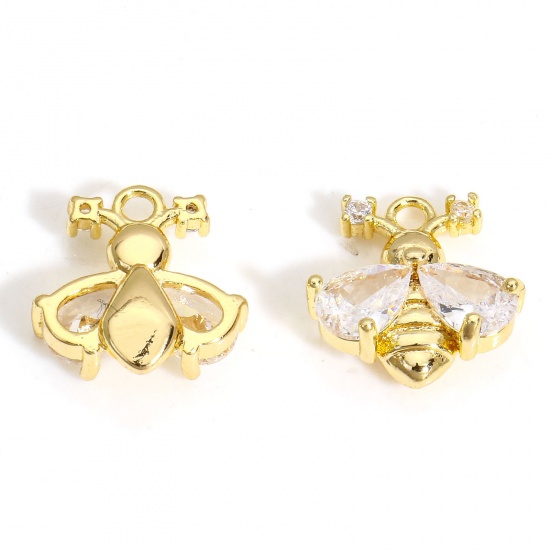 Picture of 2 PCs Eco-friendly Brass Insect Charms 18K Real Gold Plated Bee Animal Clear Cubic Zirconia 11.5mm x 11.5mm