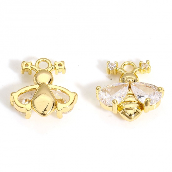 Immagine di 2 Pz Ecologico Ottone Insetto Charms Ape 18K Oro riempito Trasparente Cubic Zirconiae 11.5mm x 11.5mm