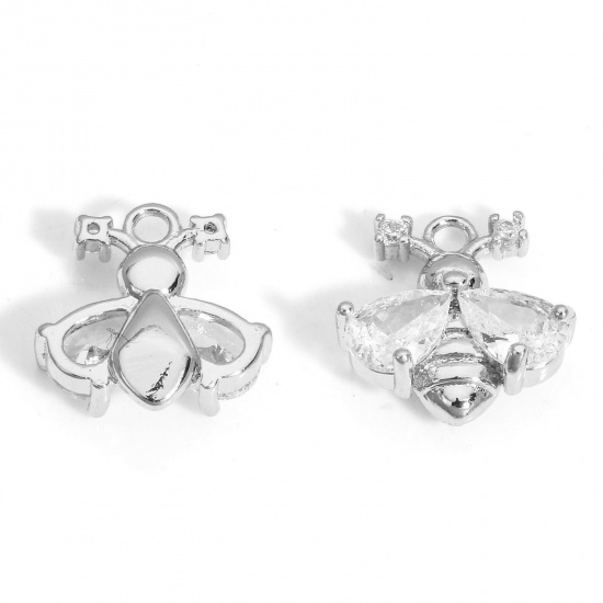 Picture of 2 PCs Eco-friendly Brass Insect Charms Real Platinum Plated Bee Animal Clear Cubic Zirconia 11.5mm x 11.5mm