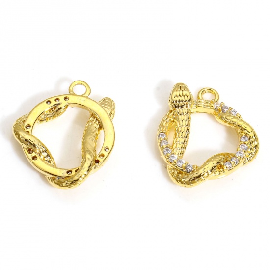 2 PCs Eco-friendly Brass Charms 18K Real Gold Plated Snake Animal Micro Pave Clear Cubic Zirconia 15mm x 13mm の画像