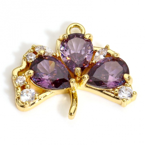 Immagine di 1 Piece Eco-friendly Brass Charms 18K Real Gold Plated Leaf Purple Cubic Zirconia 19mm x 16mm