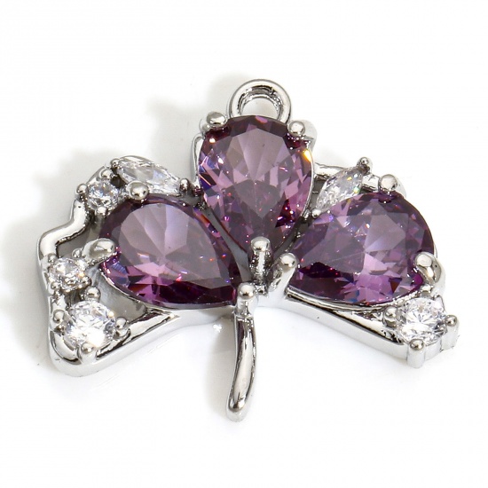 Immagine di 1 Piece Eco-friendly Brass Charms Real Platinum Plated Leaf Purple Cubic Zirconia 19mm x 16mm