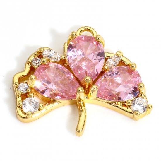 Immagine di 1 Piece Eco-friendly Brass Charms 18K Real Gold Plated Leaf Pink Cubic Zirconia 19mm x 16mm