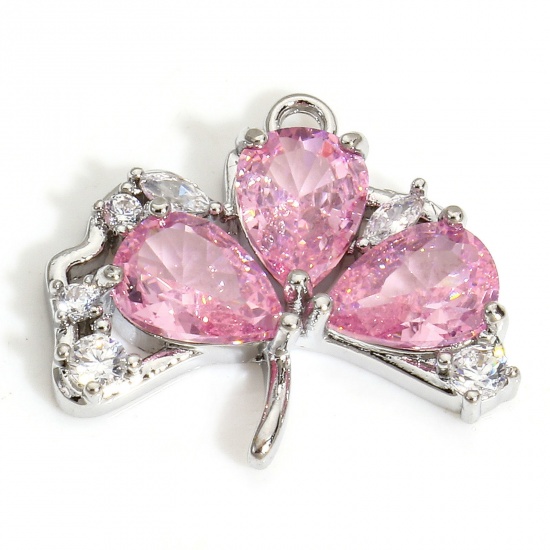 Immagine di 1 Piece Eco-friendly Brass Charms Real Platinum Plated Leaf Pink Cubic Zirconia 19mm x 16mm