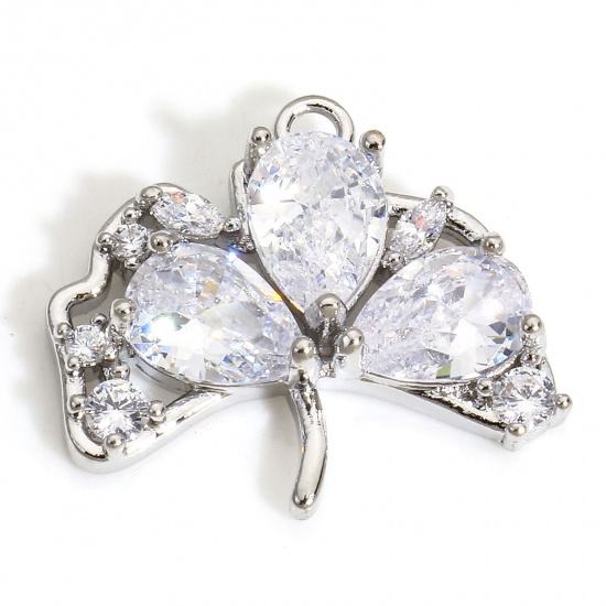 Immagine di 1 Piece Eco-friendly Brass Charms Real Platinum Plated Leaf Clear Cubic Zirconia 19mm x 16mm