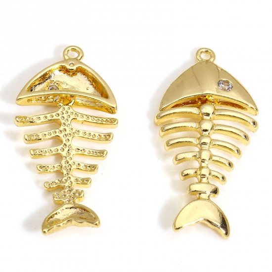 Picture of 2 PCs Eco-friendly Brass Ocean Jewelry Charms 18K Real Gold Plated Fish Bone Clear Cubic Zirconia 28mm x 13mm