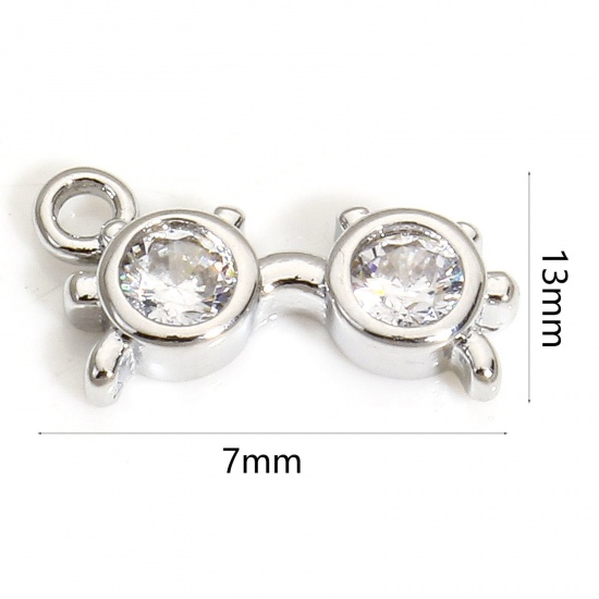 Immagine di 2 PCs Eco-friendly Brass College Jewelry Charms Real Platinum Plated Eyeglasses Clear Cubic Zirconia 13mm x 7mm