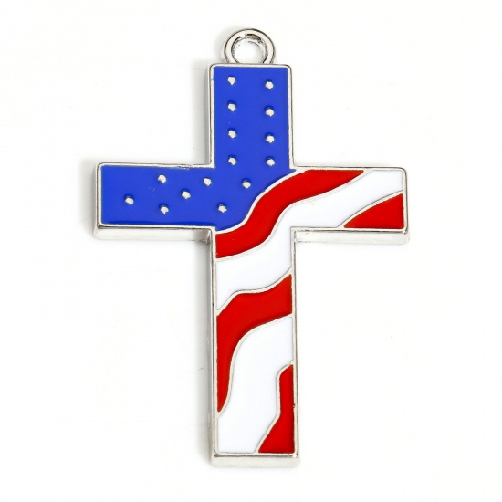 Picture of 5 PCs Zinc Based Alloy American Independence Day Pendants Silver Tone Multicolor Cross National Flag Enamel 4cm x 2.6cm