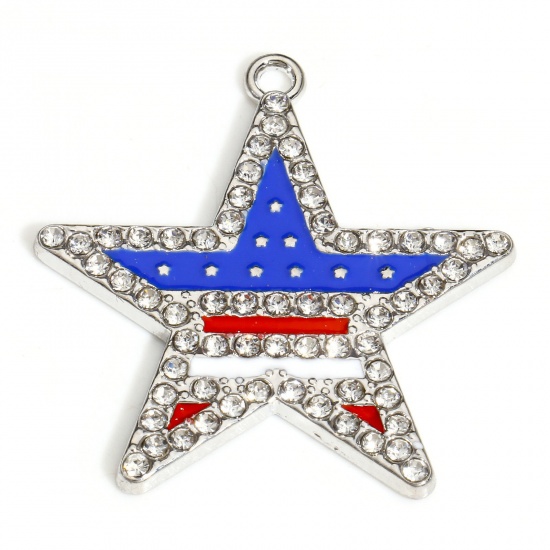 Picture of 5 PCs Zinc Based Alloy American Independence Day Pendants Silver Tone Multicolor Pentagram Star National Flag Enamel Clear Rhinestone 3.4cm x 3.2cm