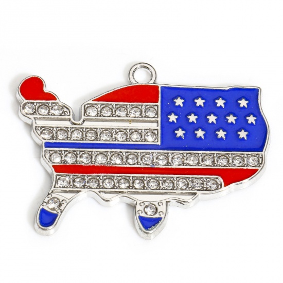 Picture of 5 PCs Zinc Based Alloy American Independence Day Pendants Silver Tone Multicolor Map National Flag Enamel Clear Rhinestone 3.5cm x 2.6cm