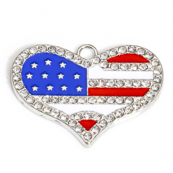 Picture of 5 PCs Zinc Based Alloy American Independence Day Pendants Silver Tone Multicolor Heart National Flag Enamel Clear Rhinestone 3.2cm x 2.4cm
