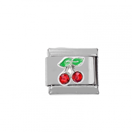Picture of 1 Piece Zinc Based Alloy & Stainless Steel Italian Charm Links For DIY Bracelet Jewelry Making Silver Tone Rectangle Cherry Fruit 10mm x 9mm