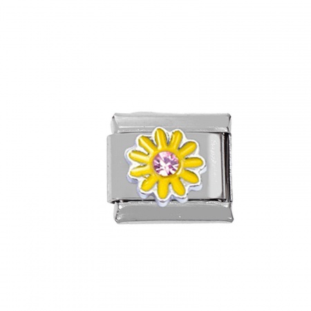 Picture of 1 Piece Zinc Based Alloy & Stainless Steel Italian Charm Links For DIY Bracelet Jewelry Making Silver Tone Rectangle Flower Enamel 10mm x 9mm