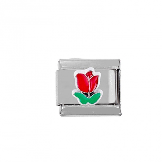 Picture of 1 Piece Zinc Based Alloy & Stainless Steel Italian Charm Links For DIY Bracelet Jewelry Making Silver Tone Rectangle Flower Enamel 10mm x 9mm