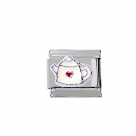 Picture of 1 Piece Zinc Based Alloy & Stainless Steel Italian Charm Links For DIY Bracelet Jewelry Making Silver Tone Rectangle Teapot 10mm x 9mm