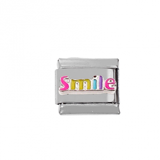 Immagine di 1 Pz Lega di Zinco & Acciaio Inossidabile Bracciale con Charm Italiano a Maglie, Creazione di Gioielli Fai-da-te Tono Argento Rettangolo Messaggio " SMILE " 10mm x 9mm