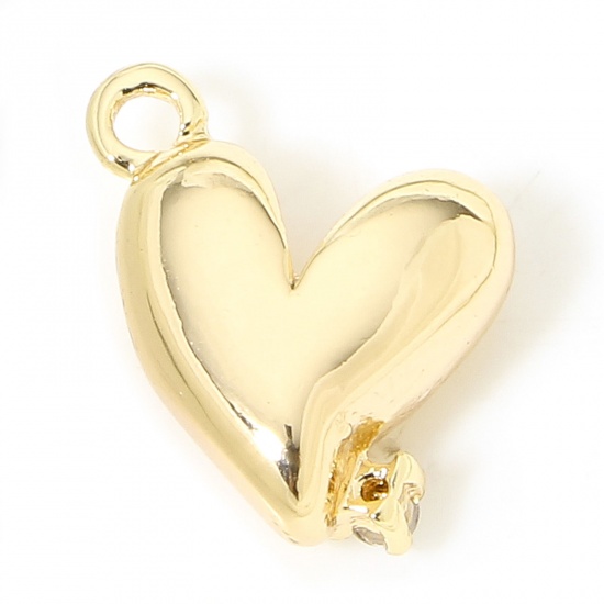 Picture of 2 PCs Eco-friendly Brass Valentine's Day Charms 18K Real Gold Plated Heart Clear Cubic Zirconia 10mm x 8mm