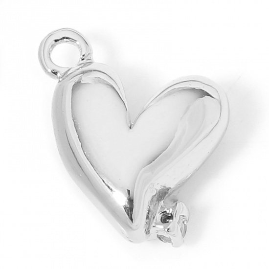 Picture of 2 PCs Eco-friendly Brass Valentine's Day Charms Real Platinum Plated Heart Clear Cubic Zirconia 10mm x 8mm