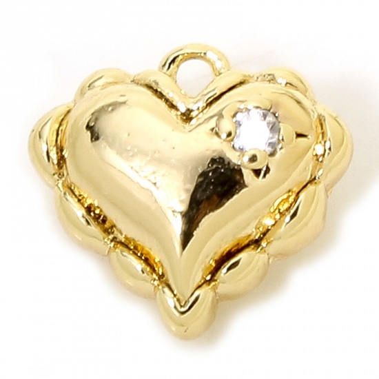 Picture of 2 PCs Eco-friendly Brass Valentine's Day Charms 18K Real Gold Plated Heart Clear Cubic Zirconia 9mm x 9mm