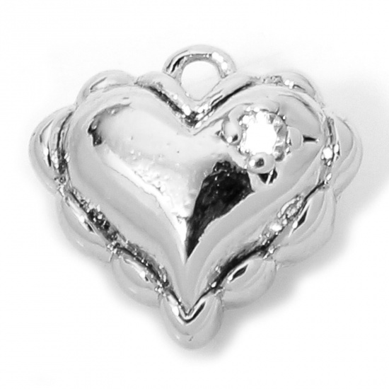 Picture of 2 PCs Eco-friendly Brass Valentine's Day Charms Real Platinum Plated Heart Clear Cubic Zirconia 9mm x 9mm