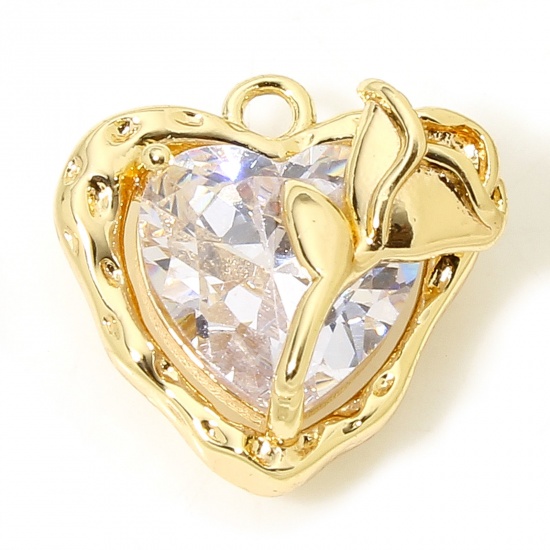 Picture of 2 PCs Eco-friendly Brass Valentine's Day Charms 18K Real Gold Plated Heart Rose Flower Clear Cubic Zirconia 13mm x 13mm