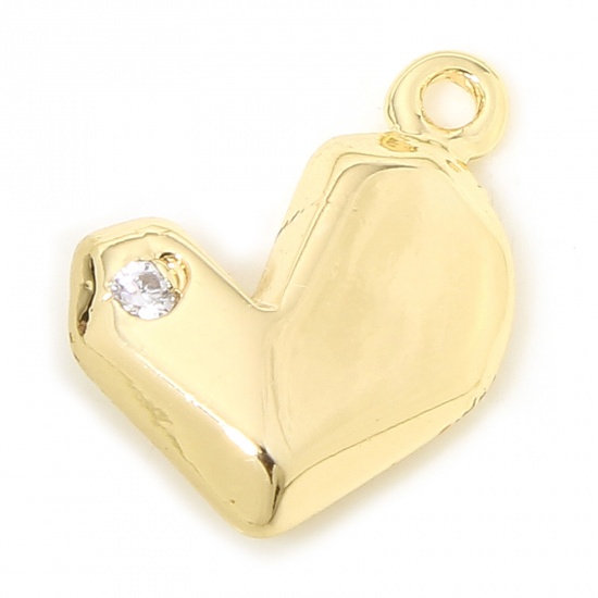 Picture of 2 PCs Eco-friendly Brass Valentine's Day Charms 18K Real Gold Plated Heart Faceted Clear Cubic Zirconia 11mm x 9mm