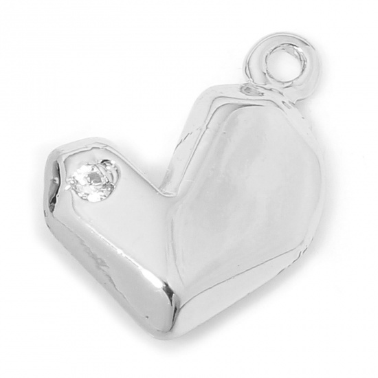 Picture of 2 PCs Eco-friendly Brass Valentine's Day Charms Real Platinum Plated Heart Faceted Clear Cubic Zirconia 11mm x 9mm