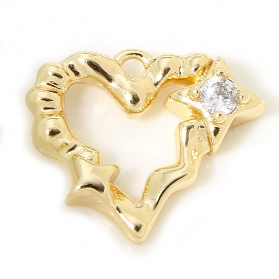 Picture of 2 PCs Eco-friendly Brass Valentine's Day Charms 18K Real Gold Plated Heart Star Faceted Clear Cubic Zirconia 15mm x 13mm