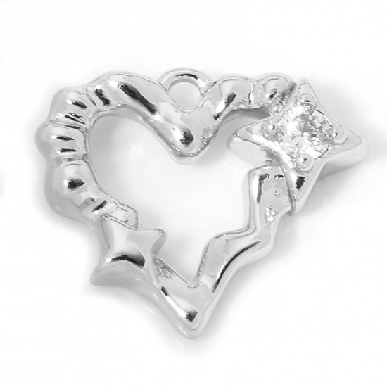 Picture of 2 PCs Eco-friendly Brass Valentine's Day Charms Real Platinum Plated Heart Star Faceted Clear Cubic Zirconia 15mm x 13mm