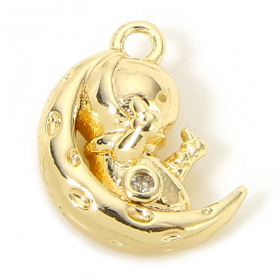 Picture of 1 Piece Eco-friendly Brass Galaxy Charms 18K Real Gold Plated Half Moon Spaceman 3D Clear Cubic Zirconia 12mm x 10mm