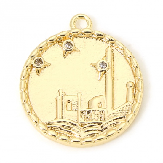 Picture of 1 Piece Eco-friendly Brass Charms 18K Real Gold Plated Lighthouse Star Clear Cubic Zirconia 16.5mm x 14mm