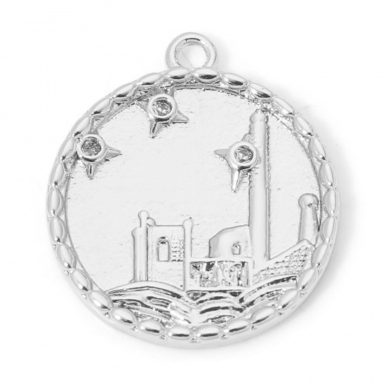 Picture of 1 Piece Eco-friendly Brass Charms Real Platinum Plated Lighthouse Star Clear Cubic Zirconia 16.5mm x 14mm