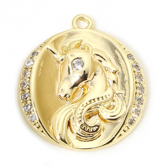 Picture of 1 Piece Eco-friendly Brass Micro Pave Charms 18K Real Gold Plated Horse Animal Round Clear Cubic Zirconia 18mm x 16.5mm