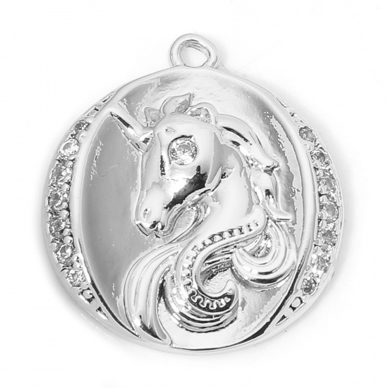Picture of 1 Piece Eco-friendly Brass Micro Pave Charms Real Platinum Plated Horse Animal Round Clear Cubic Zirconia 18mm x 16.5mm