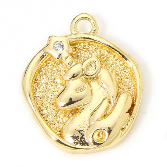 Picture of 1 Piece Eco-friendly Brass Charms 18K Real Gold Plated Horse Animal Clear Cubic Zirconia 14mm x 12mm