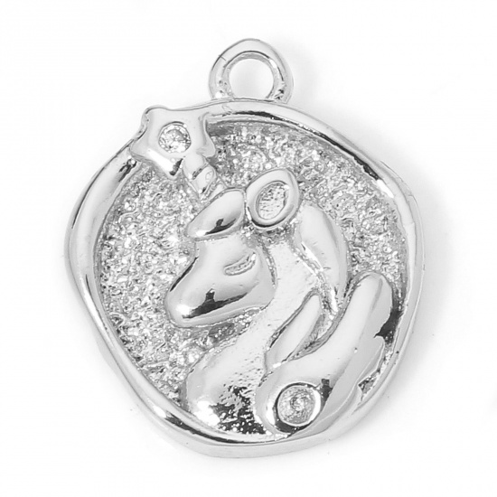 Picture of 1 Piece Eco-friendly Brass Charms Real Platinum Plated Horse Animal Clear Cubic Zirconia 14mm x 12mm