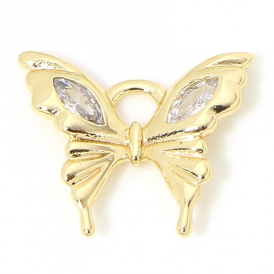 Imagen de 1 Unidad Respetuoso del Medio Ambiente Latón Insecto Colgantes Charms Mariposa 18K Oro Real Chapado Claro Circón Artificial 14mm x 12mm