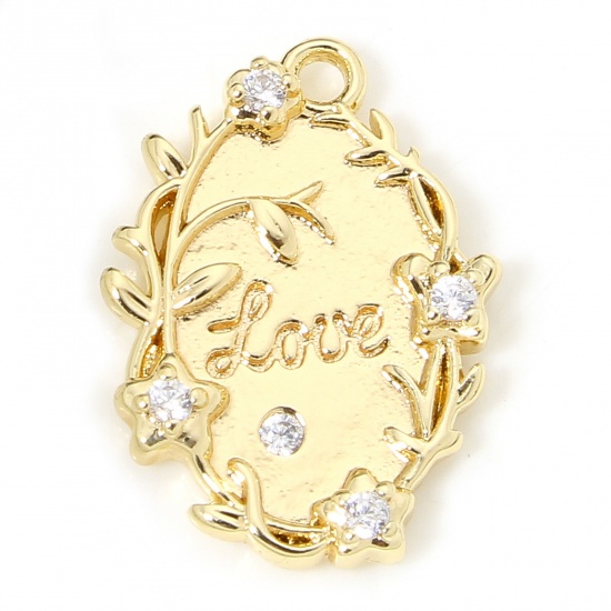 Picture of 1 Piece Eco-friendly Brass Valentine's Day Charms 18K Real Gold Plated Oval Flower Vine Message " LOVE " Clear Cubic Zirconia 17mm x 12.5mm