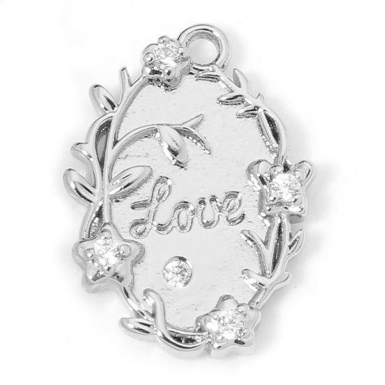 Picture of 1 Piece Eco-friendly Brass Valentine's Day Charms Real Platinum Plated Oval Flower Vine Message " LOVE " Clear Cubic Zirconia 17mm x 12.5mm
