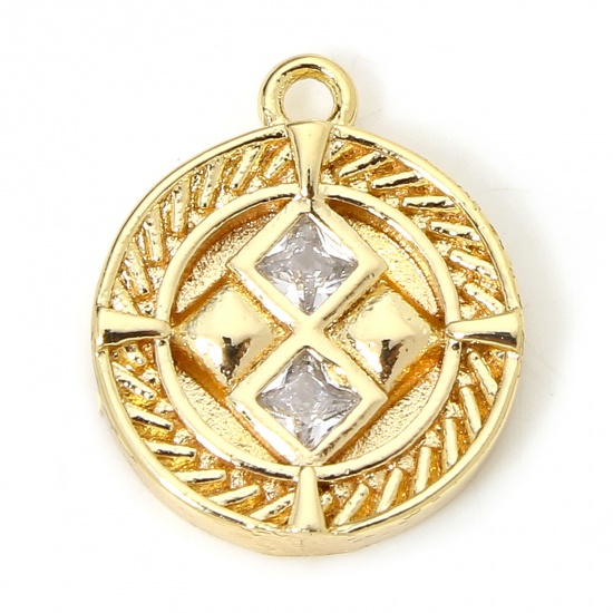 Picture of 1 Piece Eco-friendly Brass Charms 18K Real Gold Plated Round Grid Checker Clear Cubic Zirconia 13mm x 11mm