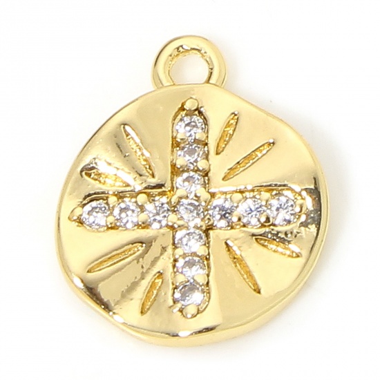 Picture of 1 Piece Eco-friendly Brass Religious Charms 18K Real Gold Plated Round Cross Micro Pave Clear Cubic Zirconia 11.5mm x 9.5mm
